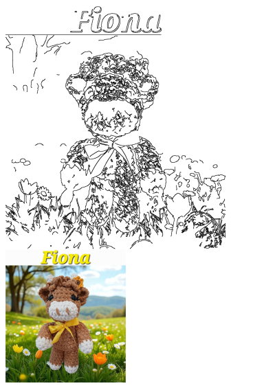 A charming crocheted brown and white cow doll with a yellow ribbon and flower sitting in a vibrant green field of wildflowers.