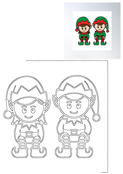 Festive illustration of cute Christmas boy and girl elves in green and red, with an accompanying black and white outline drawing.