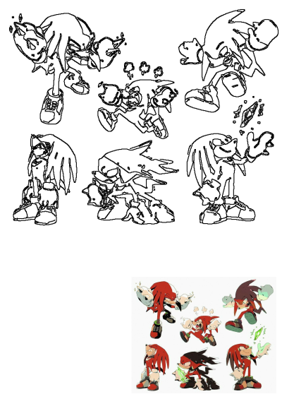 An image of Knuckles the Echidna character sheet from Sonic the Hedgehog video game, showcasing different poses and expressions.