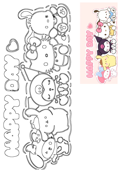 Sanrio character stickers like Hello Kitty and Kuromi on a pink background, along with 'Happy Day' text. Adorable Sanrio cartoon sticker art.