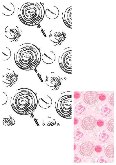 Pink watercolor pattern featuring lollipops, round ball candies, and roses, creating a sweet and lovely design with a sugary theme.