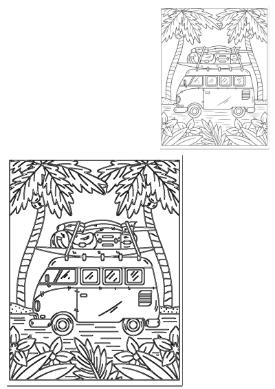 Summer Days Coloring Page, Notability Gallery. A vintage van ready for vacation, decorated with palm trees. A relaxing coloring activity!