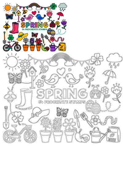 Spring clipart set with flowers, rain boots, watering can, bird, butterfly, bicycle, watering can and other spring related illustrations.
