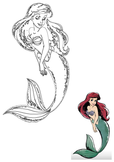 Illustration of Ariel, the Little Mermaid, in her classic pose. Features her red hair, seashell top, and green mermaid tail.