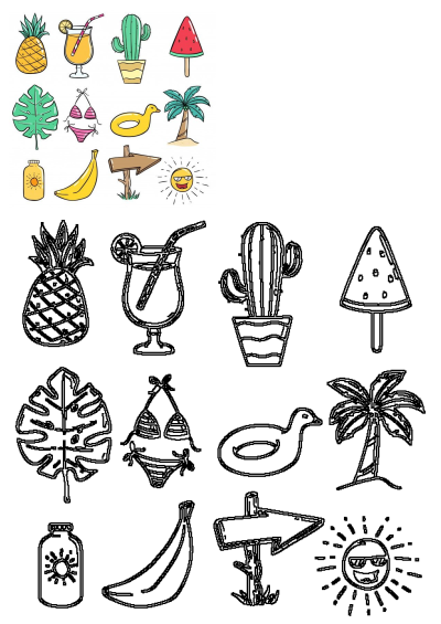 A bunch of different items that are in the shape of a cartoon on a white background representing summer, beach and vacation.