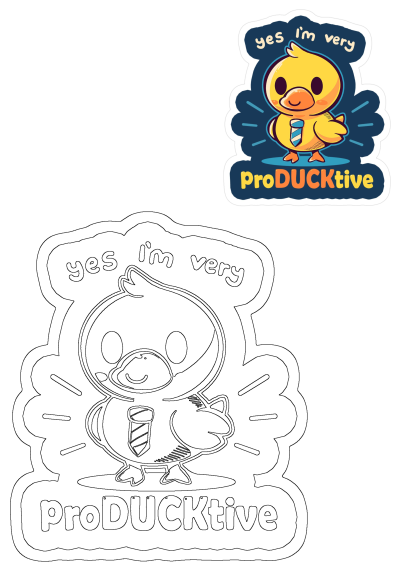 Funny sticker: 'Yes, I'm very proDUCKtive' features a cartoon duck wearing a tie. Ideal for adding humor to your workspace or office.