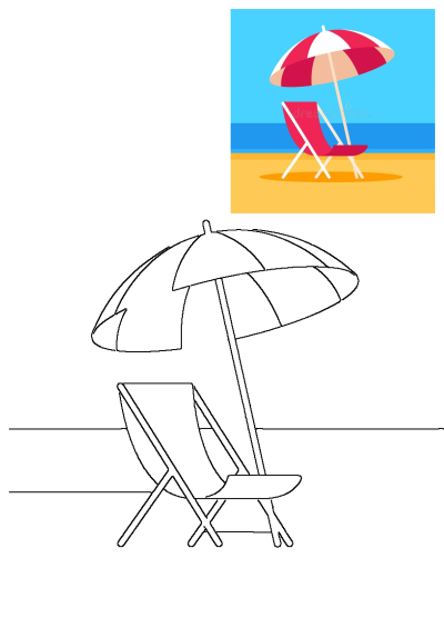 Illustration of a red beach chair and a red and white striped umbrella sitting on a sandy beach with a blue ocean and sky in the background.