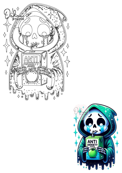 Fun cartoon image of a crying skeleton drinking anti-anxiety juice. A spooky sublimation design. Perfect for memes and cute art projects.