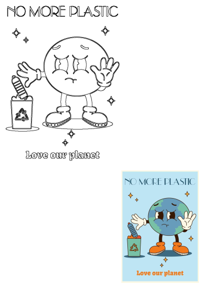 Cartoon Earth character throws plastic into a recycling bin. 'No More Plastic Love Our Planet' message. Image promotes environmental awareness.