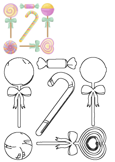 Illustration of the number two crafted from lollipops and candy canes. Festive candy assortment with bows for a sweet treat concept.
