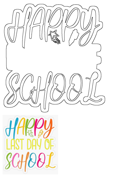 Happy Last Day of School written in multicolored letters on a white background, with a star and a pencil on top of it. Celebratory end of year.