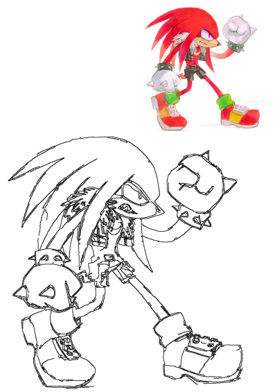 Illustration of Knuckles the Echidna, a red-haired cartoon character from Sonic, sporting a punk style with studded gloves and a plaid jacket. 