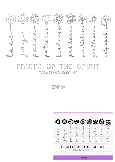 Black and white SVG file illustrating the Fruit of the Spirit with flower designs, based on Galatians 5:22-23. Includes love, joy, peace, etc.
