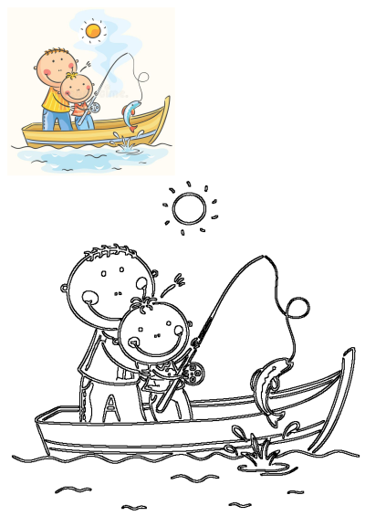 A heartwarming cartoon image of a father and son fishing on a sunny day from a boat, capturing a special bonding moment. 