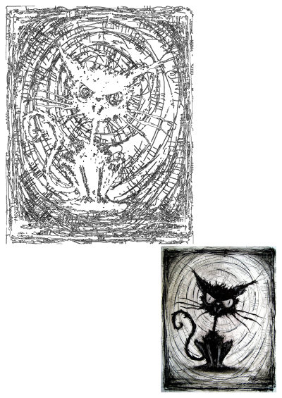 A black and white drawing depicting a unique cat with piercing big eyes, creating an expressive artwork. Illustration in black and white.