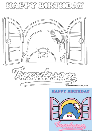 Happy birthday Tuxedosam greeting card featuring a cartoon penguin in a cage. A cute and cheerful way to celebrate a special day.