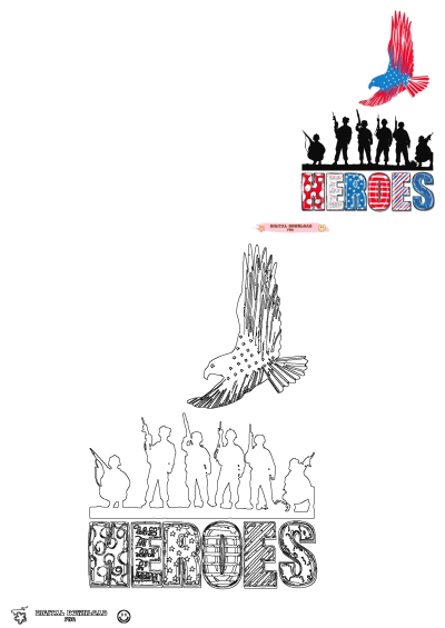 Patriotic military heroes graphic featuring American flag eagle, soldier silhouettes, and 'HEROES' text, available in both color and outline.