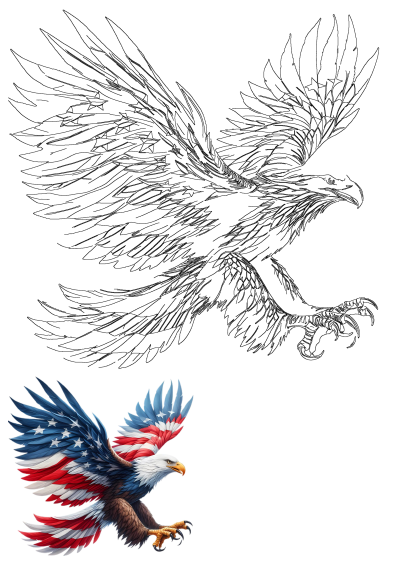 Eagle with wings and talons painted in the colors of the American flag, a powerful symbol of freedom and patriotism. 
