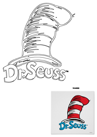 The Cat in the Hat Dr. Seuss logo on a white poster with blue lettering. Iconic red and white striped hat and Dr. Seuss signature.
