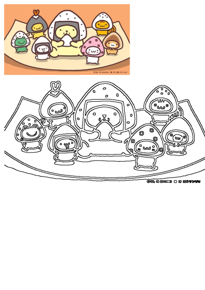 A group of cartoon characters sitting on top of a table, including Pompompurin and friends dressed in cute mushroom and onigiri costumes.