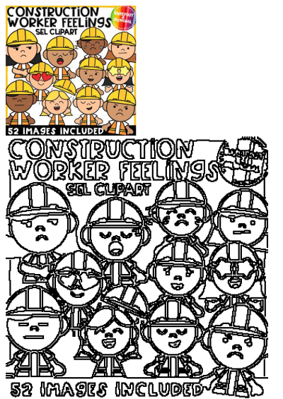 Construction worker feelings clipart for kids: diverse emotions for classroom/home use. Perfect SEL learning resource, construction theme.