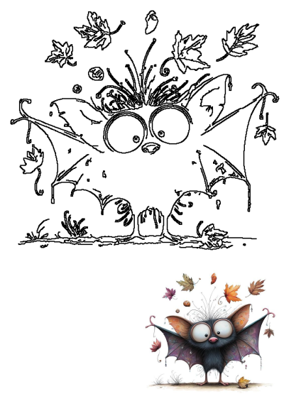 Cartoon image of a bat standing in the grass with leaves flying around its head. Cute, whimsical illustration with colorful autumn foliage.