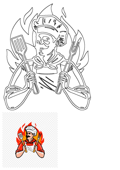 Cartoon chef with mustache, chef's hat, wearing a red shirt, holding a spatula and fork with fire in the background. 