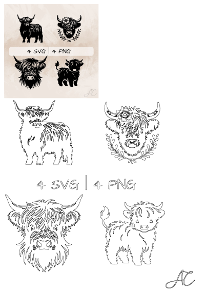 Highland Cow SVG Bundle. Cow PNG, Highland Cow With Flowers Clipart, Hand Drawn Highland Cow Pictures for Print and Engraving.
