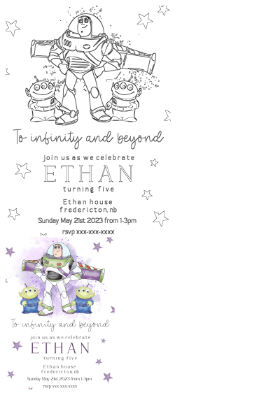 Birthday card featuring Toy Story's Buzz Lightyear with two cute aliens, perfect for a child's party invitation.