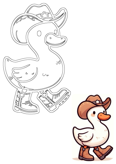 Cartoon drawing of a duck wearing a cowboy hat and boots, strolling along. Whimsical illustration of a wild west duck.