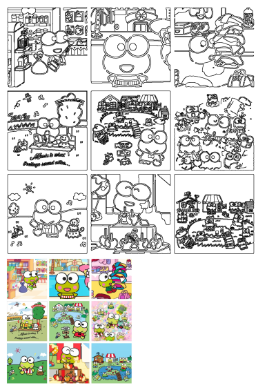 Cartoon scenes featuring Keroppi the frog with various expressions. He is seen shopping, reading, enjoying sweets and more. Image from the alt description.