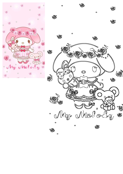 A cute My Melody in a pink rose background, holding a bunny plush and a bear plush at the side. Kawaii style, light pink tones.