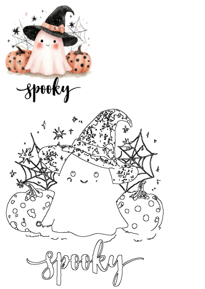 Watercolor Halloween card with a cute ghost wearing a witch's hat, flanked by pumpkins, and spiderwebs in the background. 'Spooky' is written below.