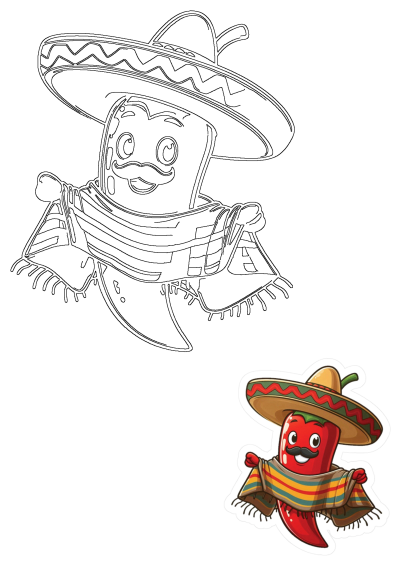 Cartoon of a red pepper wearing a sombrero and mustache, draped in a colorful poncho. This red pepper with a sombrero on it's head is flying through the air.