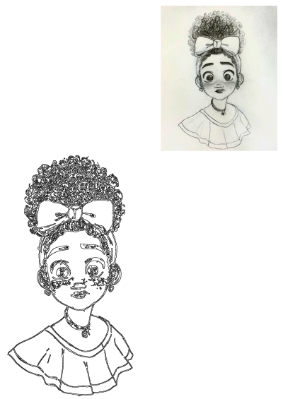Drawing of a girl with curly hair and a big bow on her head, wearing heart earrings and necklace.