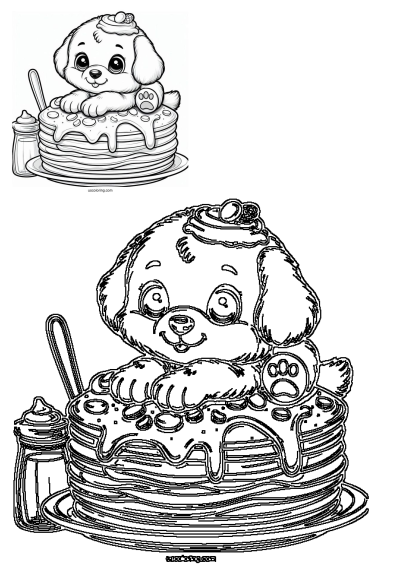 Image 130 of 158: Free Pancake Coloring Pages PDF features a cute puppy on pancakes. Fun, printable coloring activity!