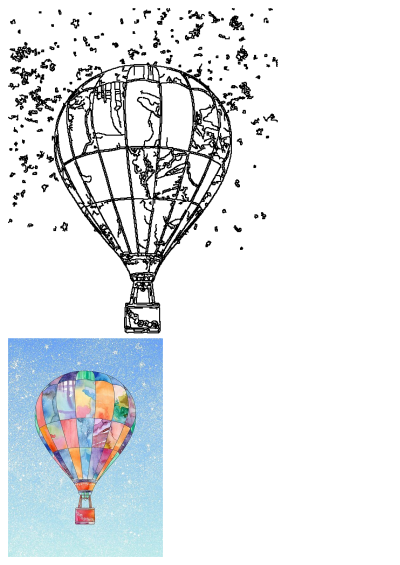 A colorful watercolor-style hot air balloon gracefully ascends in the blue sky sprinkled with snowflake-like stars. A whimsical winter scene.