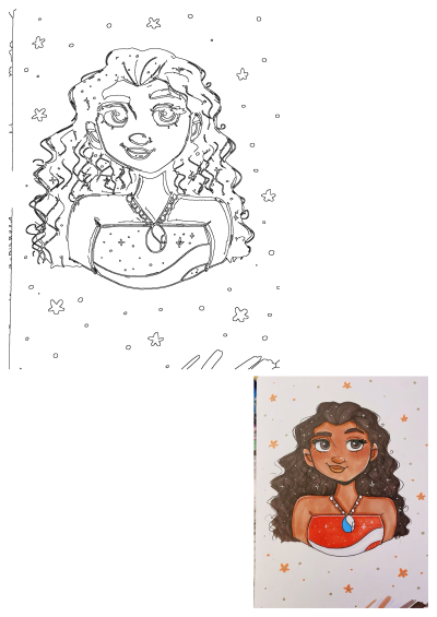 Illustration of Moana, the Disney character, with brown curly hair, tan skin, red top, and a blue heart of Te Fiti necklace.