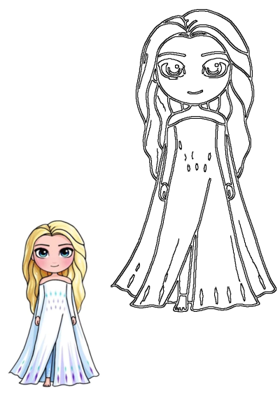 Cartoon drawing of Elsa from Frozen wearing a white dress with blue diamonds, blonde hair and big blue eyes, standing and smiling. 