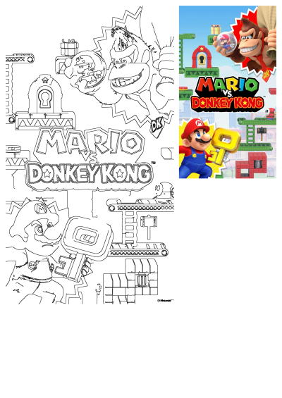 Mario vs. Donkey Kong image showing the game's premise. Mario needs a key to unlock doors, while Donkey Kong kidnaps a mini-Mario in a bubble.