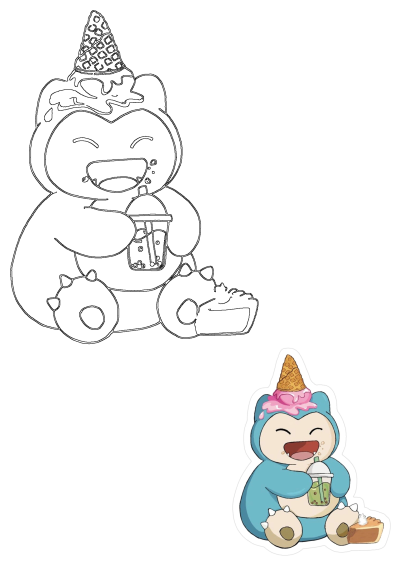 Sticker of a cheerful Snorlax holding bubble tea and wearing an ice cream cone. The animal is also next to a slice of cake. 