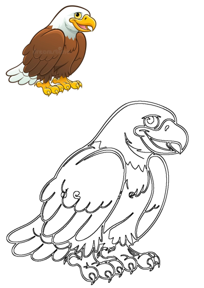 Cartoon illustration of an eagle sitting on the ground with its beak open and eyes wide open. Royalty illustration of an eagle. 