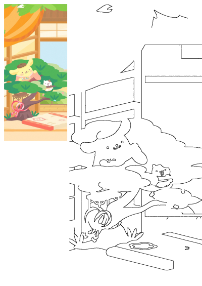 Animated tree with cute animals like Pompompurin inside a room, the sun is shining through the window, cartoon style. Illustration.