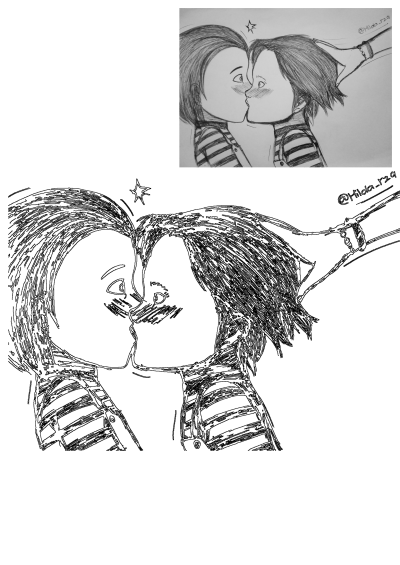 Sketch art featuring Chucky Good Guys Buddi characters in a kiss, inspired by Tigo's pin. Hand in the hair, love gesture