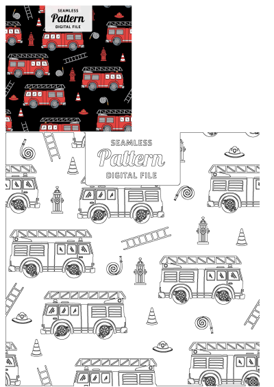 Seamless pattern with firetrucks, traffic cones, hats, fire hydrants, ladders and fire hoses on a black background for children's wallpaper.