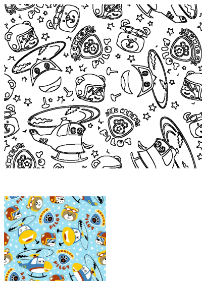 A blue background with cartoon animals, specifically pilot bears and airplanes, along with stars. Fun aviation-themed seamless pattern.