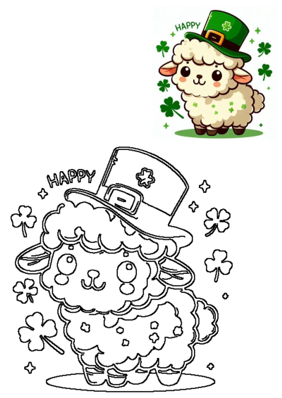 Adorable cartoon sheep wearing a green leprechaun hat with clovers for St. Patrick's Day, spreading good luck and holiday cheer.