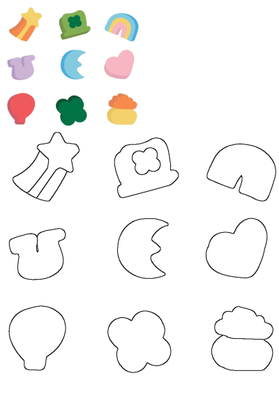 Colorful vector illustration of marshmallow shapes: shooting star, hat, rainbow, horseshoe, moon, heart, balloon, clover, and pot of gold.