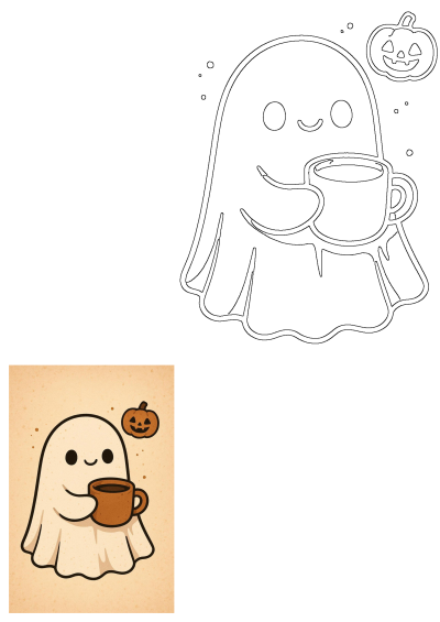 Cute cartoon ghost holding a coffee mug with a smiling pumpkin on a beige background. Halloween illustration. 
