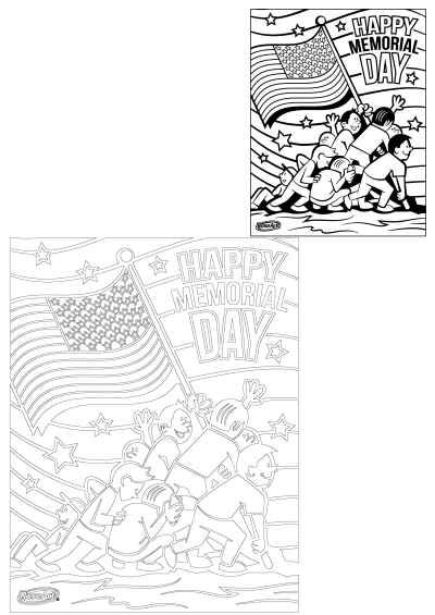 Coloring page for Memorial Day featuring kids joyfully holding an American flag with stars and stripes, and the words 'Happy Memorial Day'.